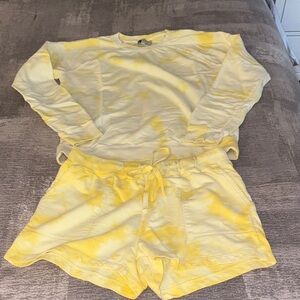 Lucky Brand Two Piece Yellow Tie Dye Set - Long Sleeve Crewneck & Shorts
